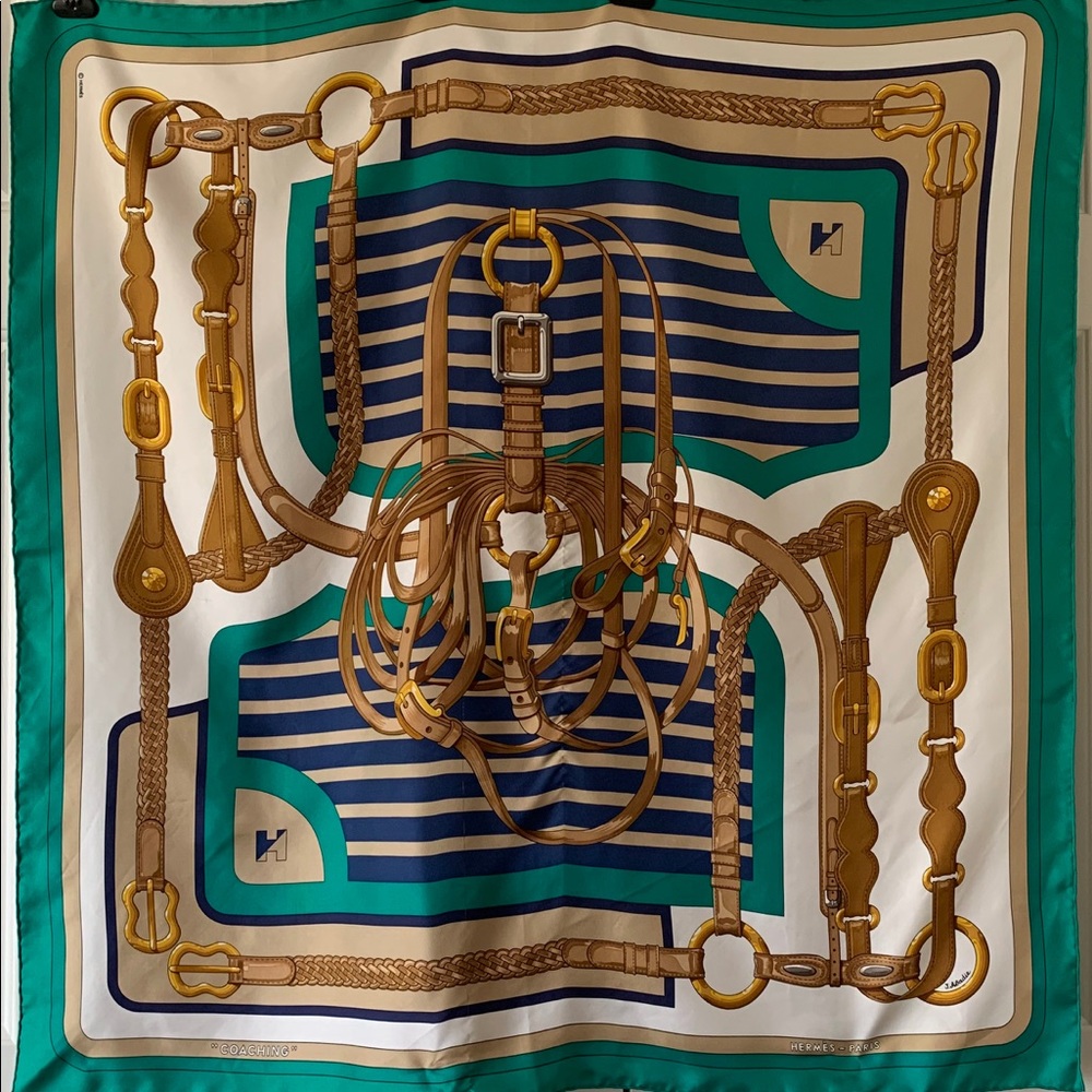 Hermès Vintage 100% Silk Scarf Coaching Green White Tan Navy Made in France